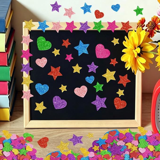 987 Pcs Glitter Foam Stickers, Heart & Star Shapes Stickers, 7 Sheets Colorful
