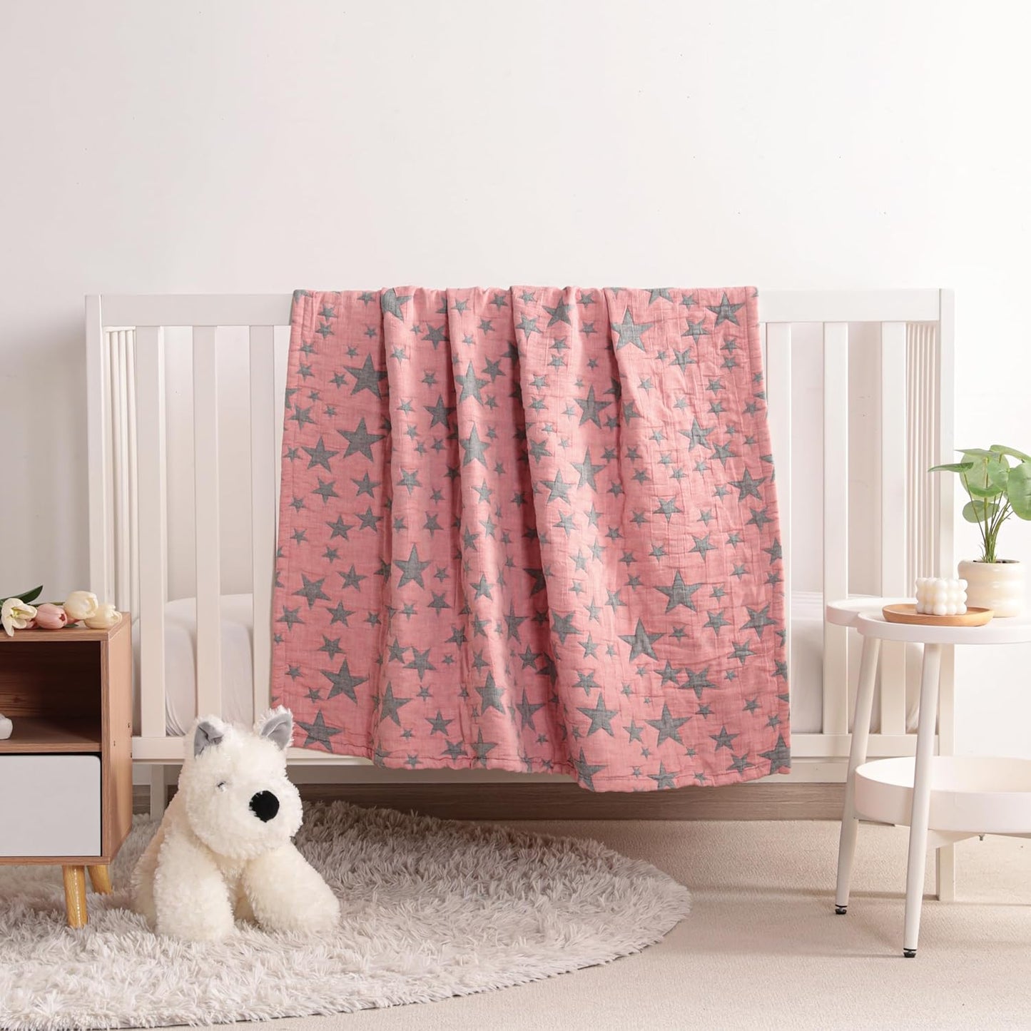 NTBAY 3 Layer Toddler Blanket, Muslin Cotton Jacquard Bed Blankets, Lightweight Thermal Baby Blanket, Super Soft and Warm Crib Blanket for All Seasons, Decoration Gift, 30"x40", Red and Black Star