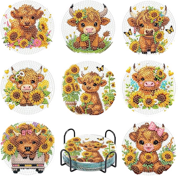 8 Pcs Cow Diamond Painting Coasters