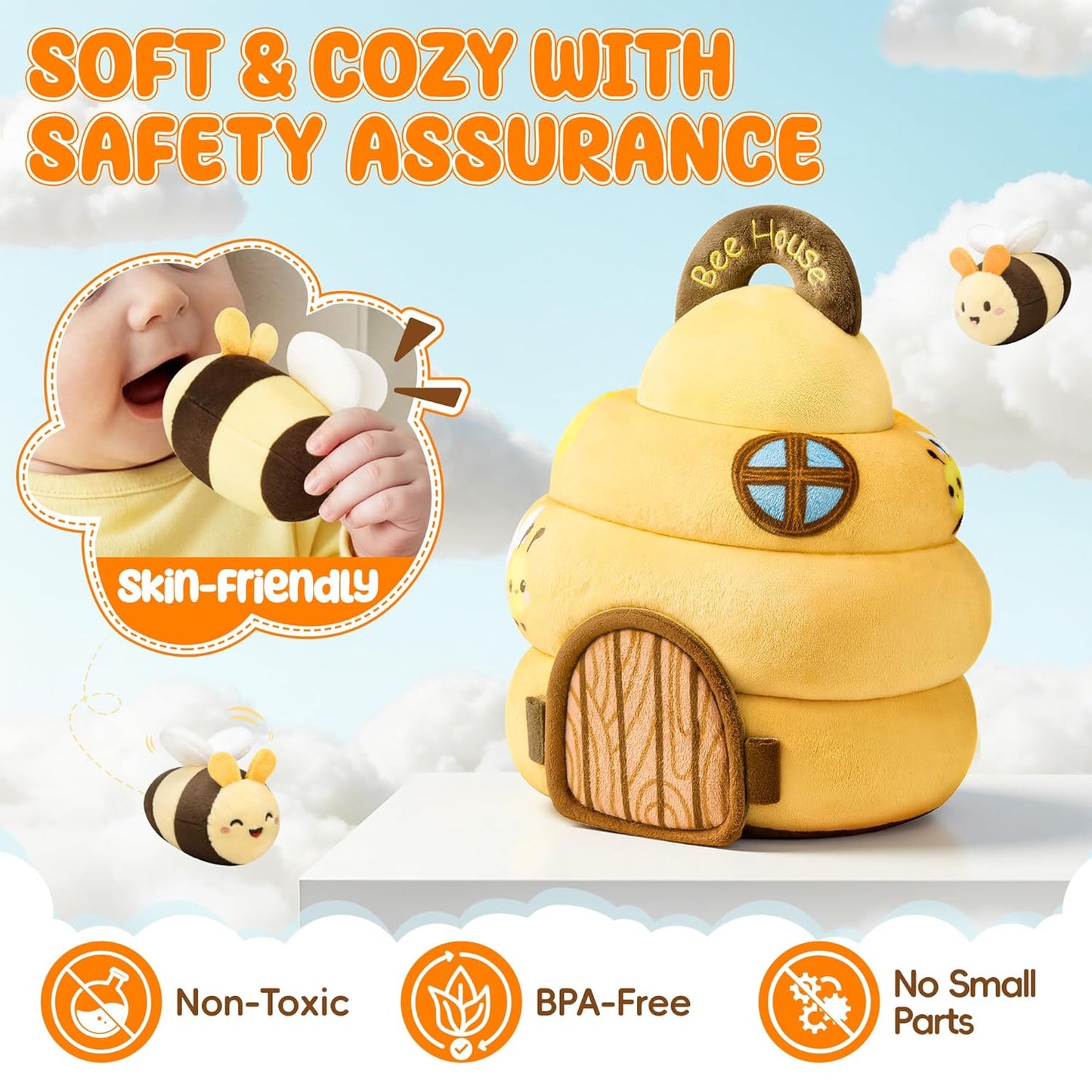 Baby Toys 6-12 Months - Beehive Infant Toy with 5 Sensory Bees Stuffed Animals, Crinkle, Rattle, Mirror & Music, Montessori Toys for 6 7 8 9 10 11 12 Month Old Baby Boys Girls Birthday Christmas Gift