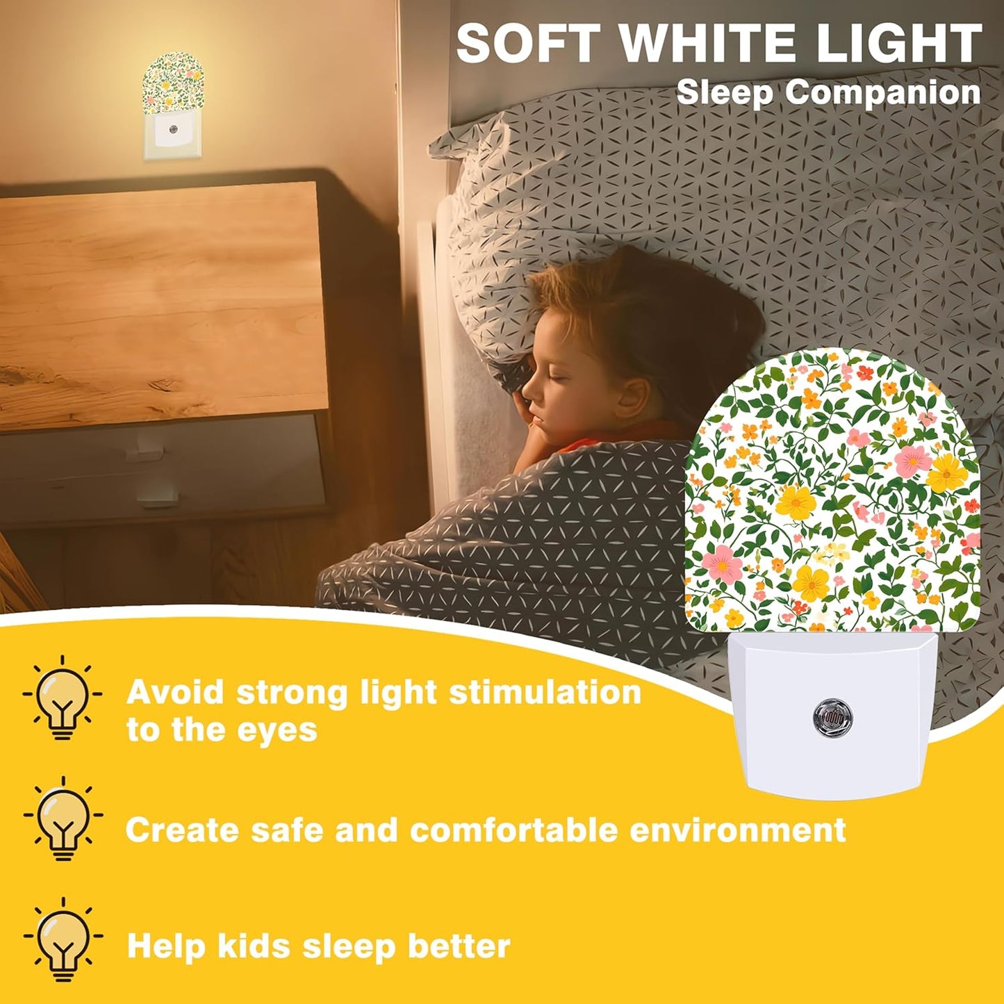 Night Light, Spring Flowers Night Lights Plug into Wall Dusk to Dawn Sensor Round Nightlight for Women Men Energy Efficient Led Lamp 0.5W for Stairway Hallway Bedroom