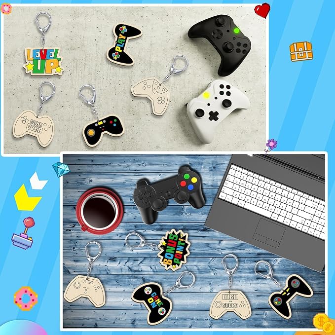 RattanView 24 Pcs Video Game Craft Color Your Own Keychains DIY Craft Wooden