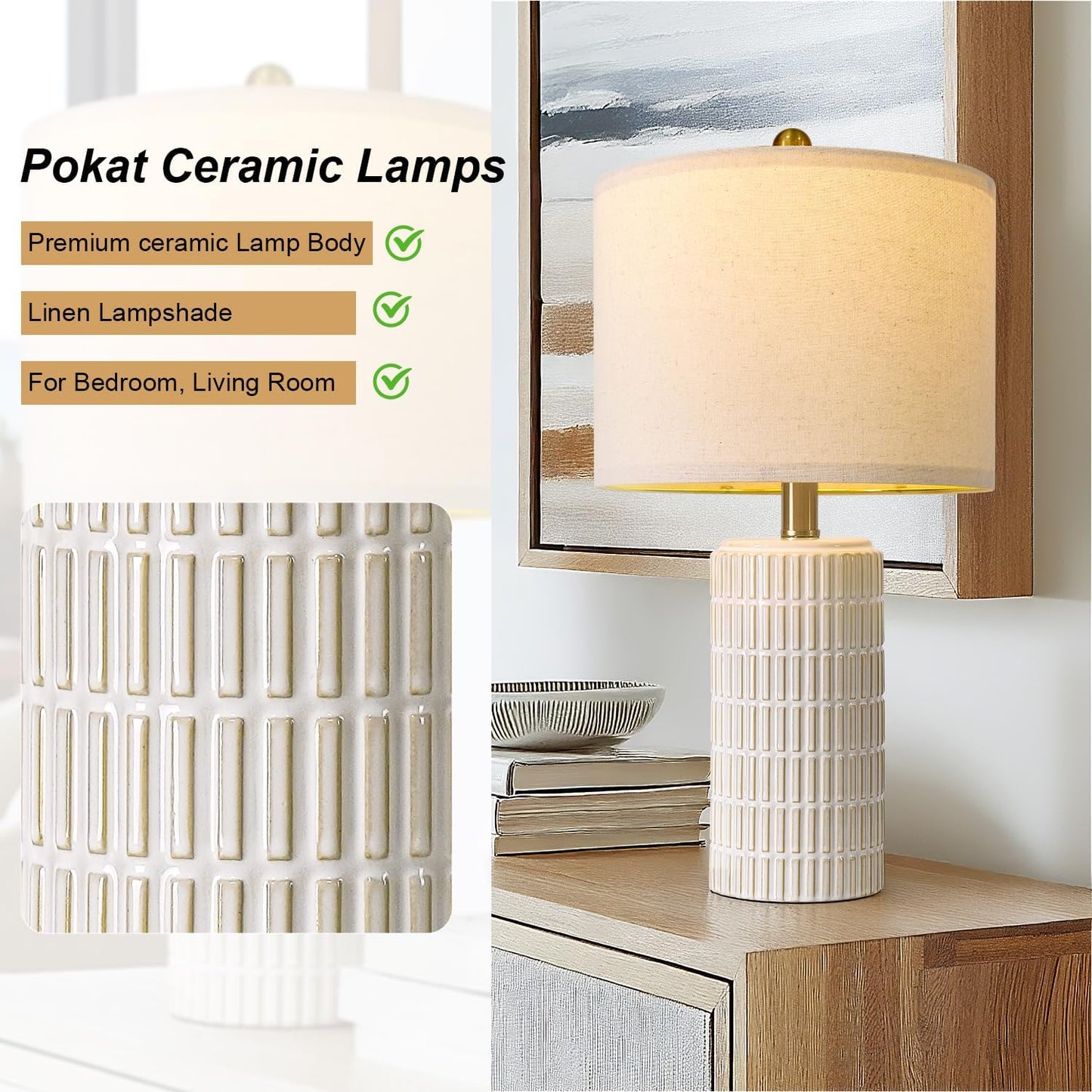PoKat 20.75" Small Modern Ceramic Table Lamps Set of 2 for Bedroom, White Bedside Lamps for Night Stands, Farmhouse Desk Decor Nightstand Table Lamps for Living Room End Table Beige
