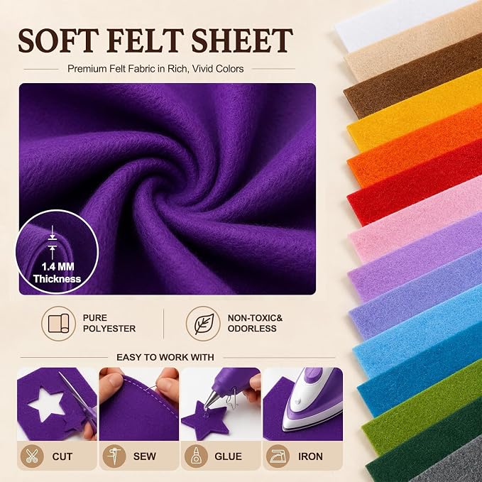 Purple Large Felt Fabric 36" x 36", 1.4 mm Soft Felt Sheet, Nonwoven Fabric