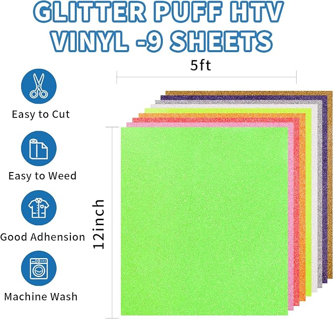 Glitter Puff Vinyl Heat Transfer, Puff HTV Iron on Vinyl Sheets 12" x 10" | 9