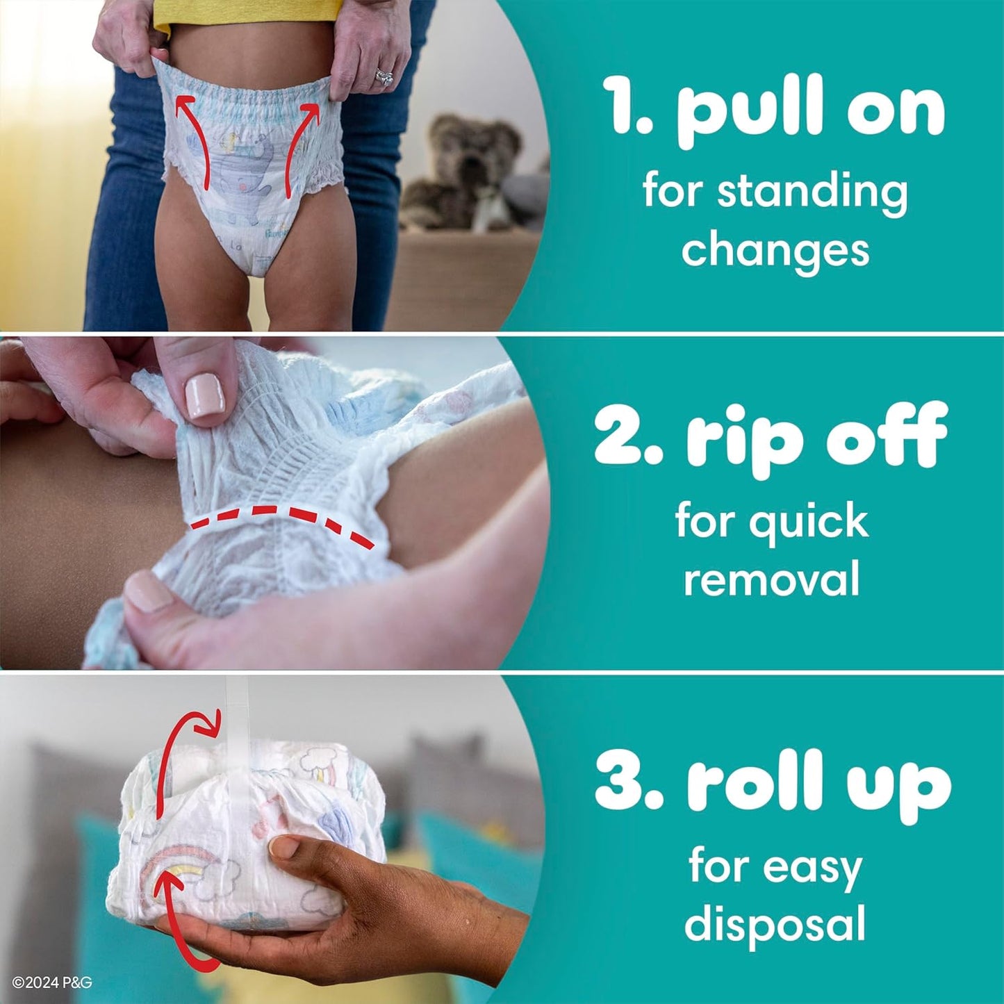 Pampers Diapers - Swaddlers 360° - Size 3, 124 Count, up to 100% Leakproof Comfy Dry Fit, Designed for Easy Changes, Pull On Baby Diaper (Packaging May Vary)