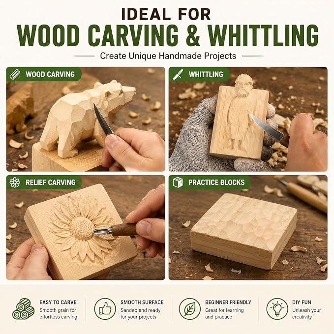 4 Pcs Solid Wood Blocks 4x4x1 Inch Unfinished Whittling Blocks
