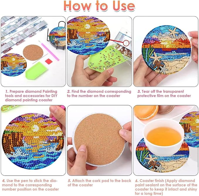 8 PCS Diamond Art Coasters Kits Sunset Beach Diamond Painting Coaster | Diamond