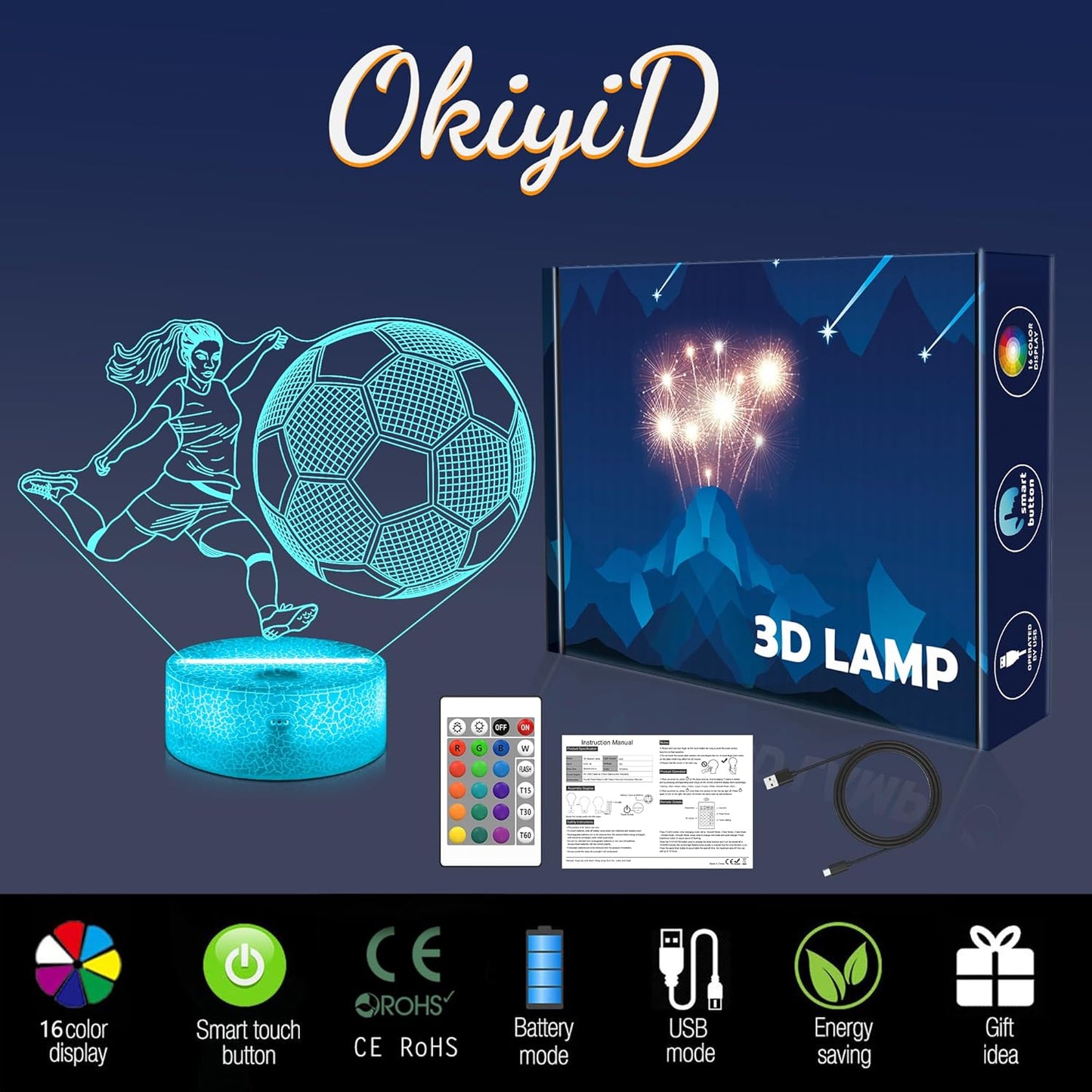 Soccer Gifts for Girls Bedroom Decor,Light Up Soccer 3D Illusion Lamp Night Light with 16 Colors Remote,Football Accessories Birthday Xmas Gifts for Best Friends Sister Daughter Sports Fan Lover