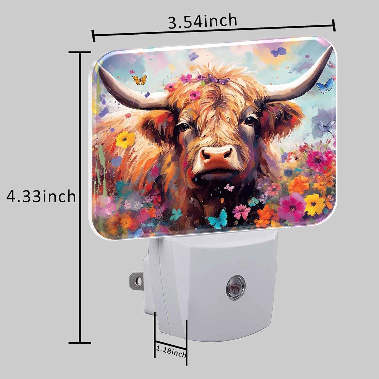Watercolor Highland Cow Night Light, Flowers and Butterflies Nightlight Plug into Wall with Dusk to Dawn Sensor for Kid Girls Boys Women Men Bedroom, Hallway, Kitchen, Bathroom, Stairs Decor