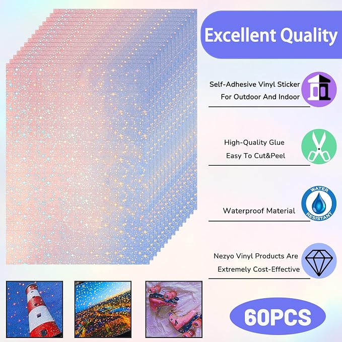 60 Sheets Holographic Laminate Sheets Clear Glitter A4 Size Vinyl Sticker Paper