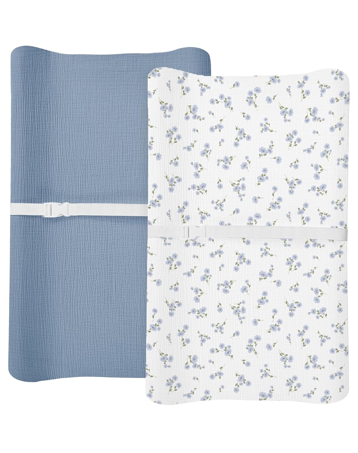Changing Pad Cover for Baby Boy Girl 2 Pack, Muslin Changing Table Pad Covers with Boho Style, Neutral Nursery Bedding Essentials Soft and Breathable (Bluebell Bloom & Light Blue)
