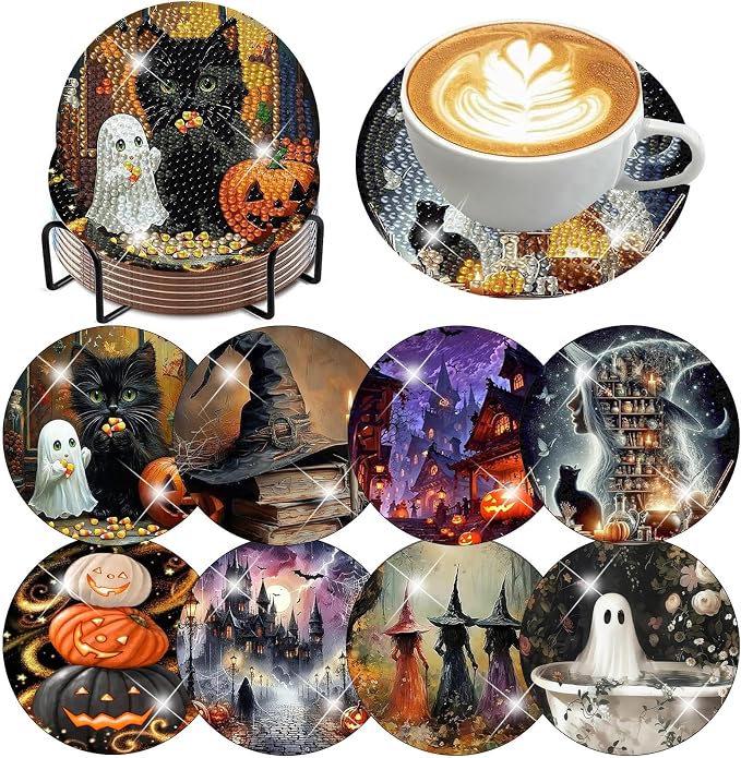 ijbnhd 8 Pcs Halloween Diamond Art Coasters Kits | Halloween Diamond Painting