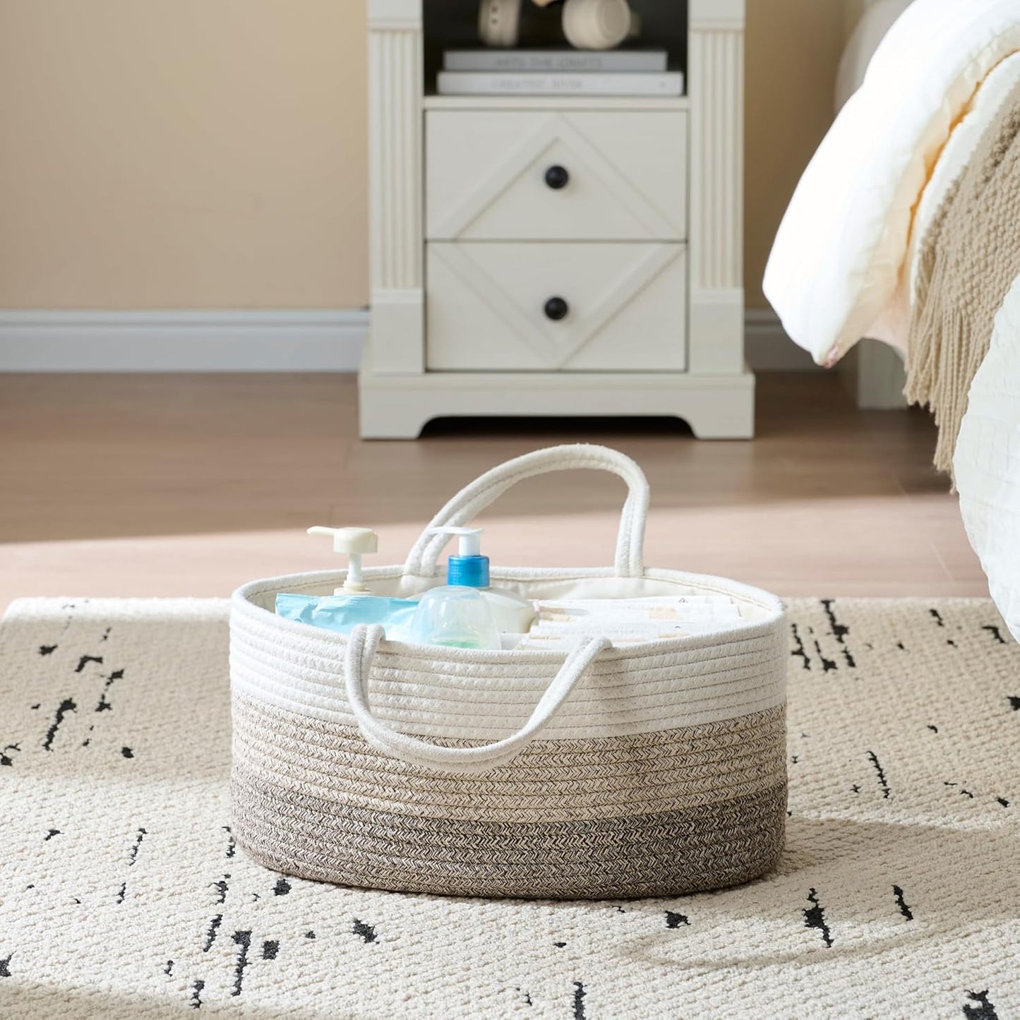 Baby Diaper Caddy Organizer, Large Cotton Rope Nursery Diaper Basket, Changing Table Organizer, Portable Tote Bag with Divider, Car Storage, Baby Shower Gifts for Newborn Girls - Gradient Brown