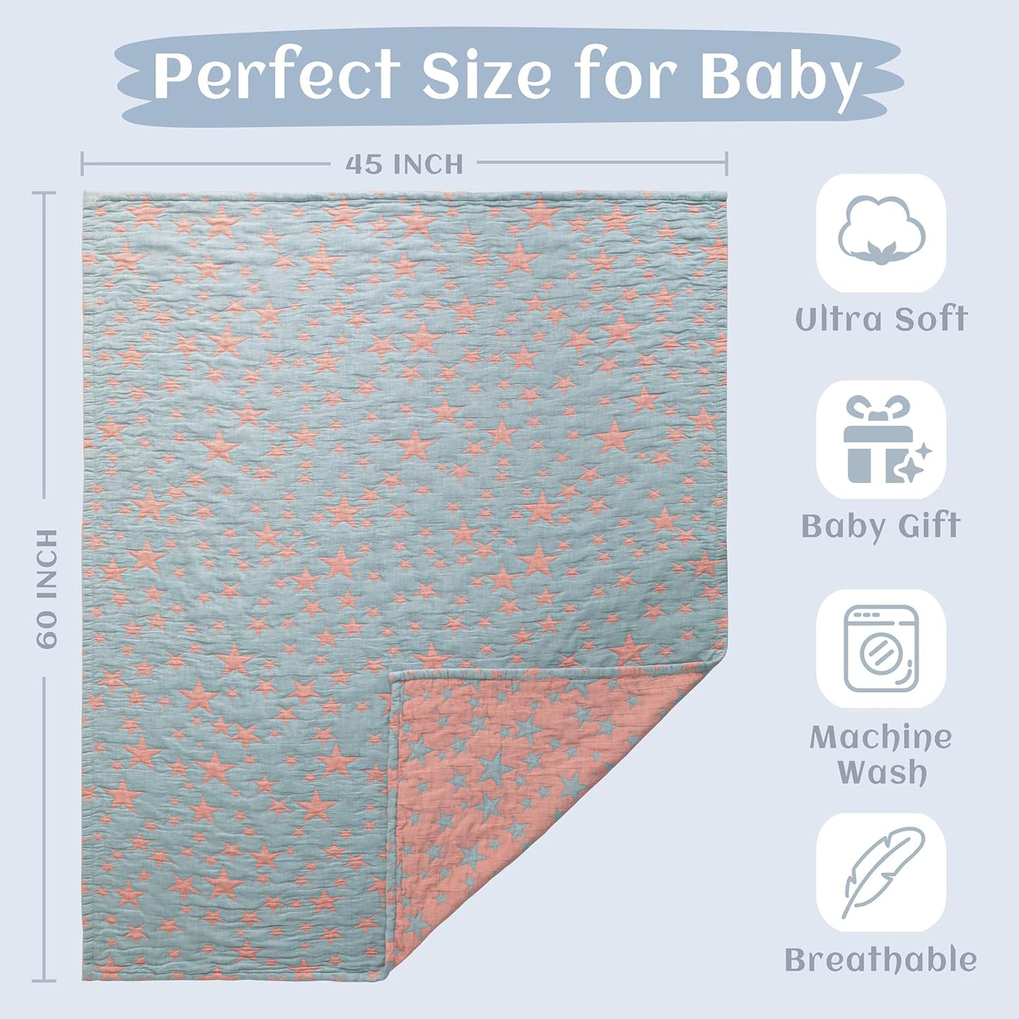 NTBAY 3 Layer Toddler Blanket, Muslin Cotton Jacquard Bed Blankets, Lightweight Thermal Baby Blanket, Super Soft and Warm Crib Blanket for All Seasons, Decoration Gift, 45"x60", Red and Blue Star
