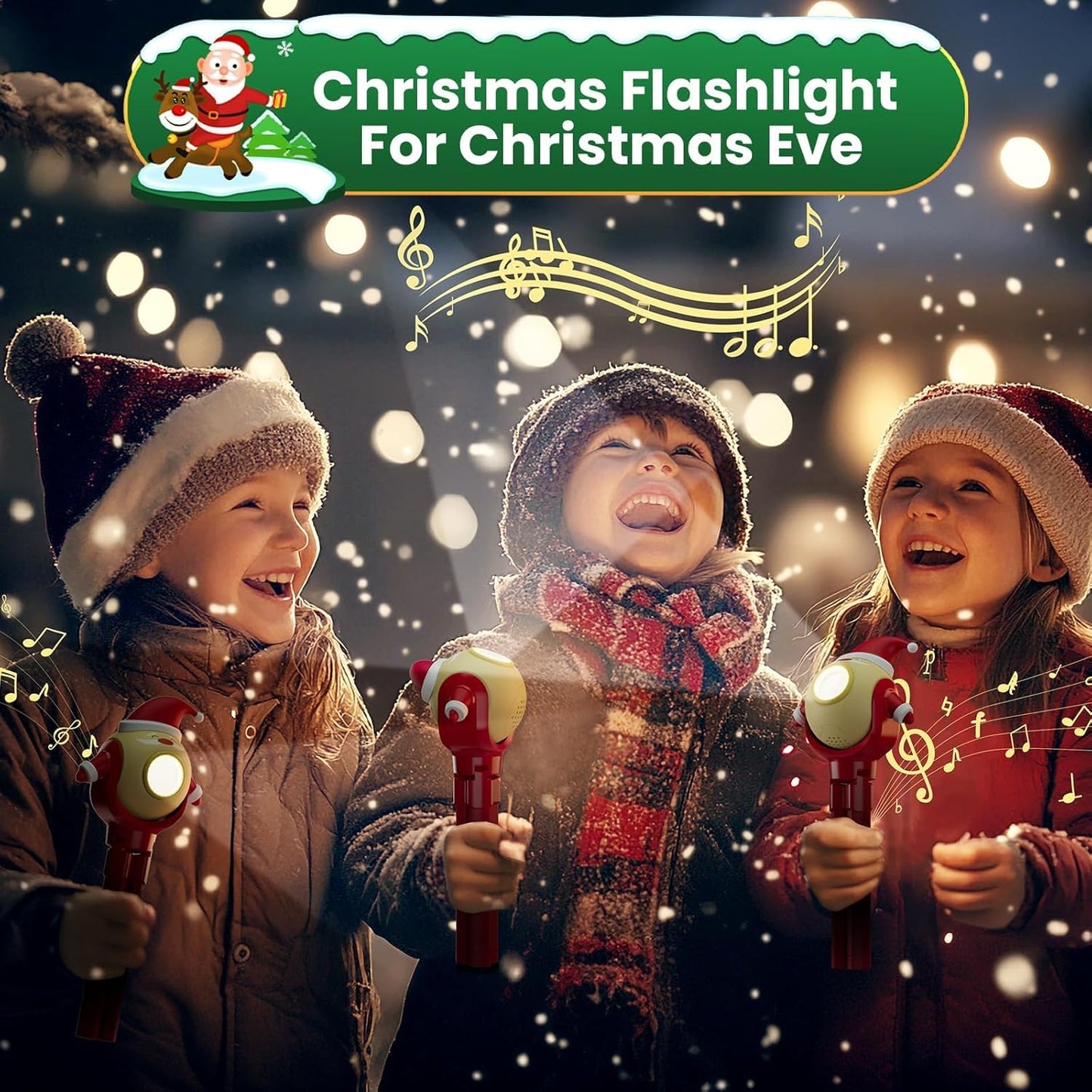 TOLYS Santa Claus Kids Flashlight – Rechargeable LED Torch with 8 Songs, USB-C, Fun Flashlight for Boys & Girls, Perfect for Parties, Camping & Outdoor Adventures