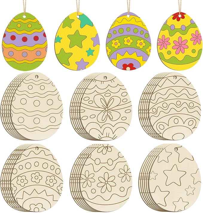36PCS Wooden Easter Ornaments to Paint, 6 Styles DIY Blank Unfinished Wood Egg