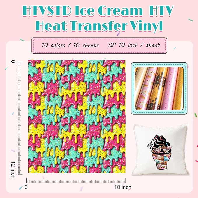 HTVSTD Ice Cream HTV Heat Transfer Vinyl 10Sheets 12×10in Iron on Vinyl | Ice