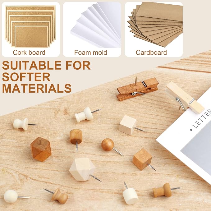 120Pcs Wooden Thumb Tacks, 7 Shapes Push Pins