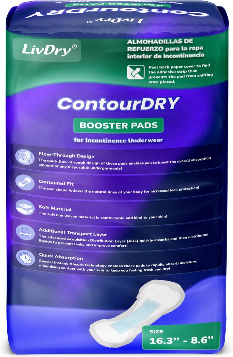 ContourDry Booster Pads XL by LivDry, Adds Max Absorbency to Adult Diapers with Flow-Through Design, Up to 4 Cups Capacity, More Coverage for Women and Men, 20 Count