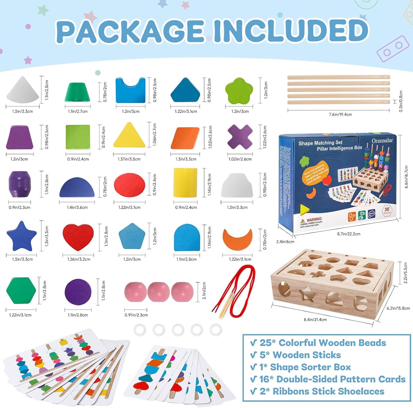 3 in 1 Montessori Wooden Beads Sequencing Toy Set Color Sorting Stacking Geometric Shape Matching Game Beads Sequencing Toy Lacing Beads Stem Fine Motor Skills for Toddlers