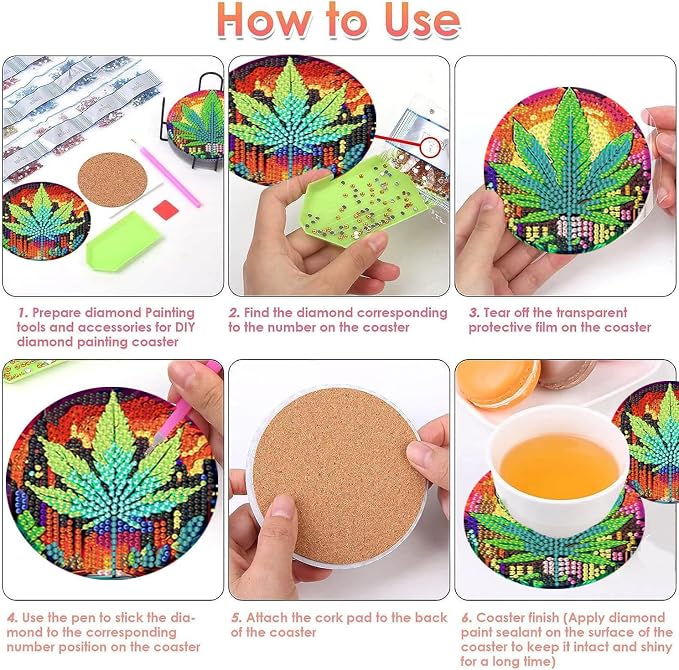 8 PCS Leaves Diamond Art Coasters Kits Diamond Painting Coaster | Diamond