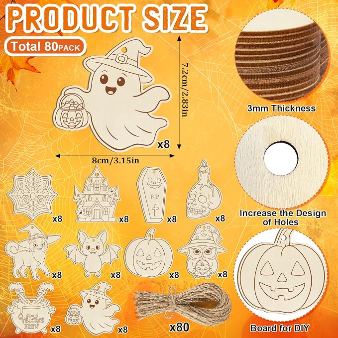 80PCS Wooden Halloween Ornaments to Paint Fall Decorations Crafts