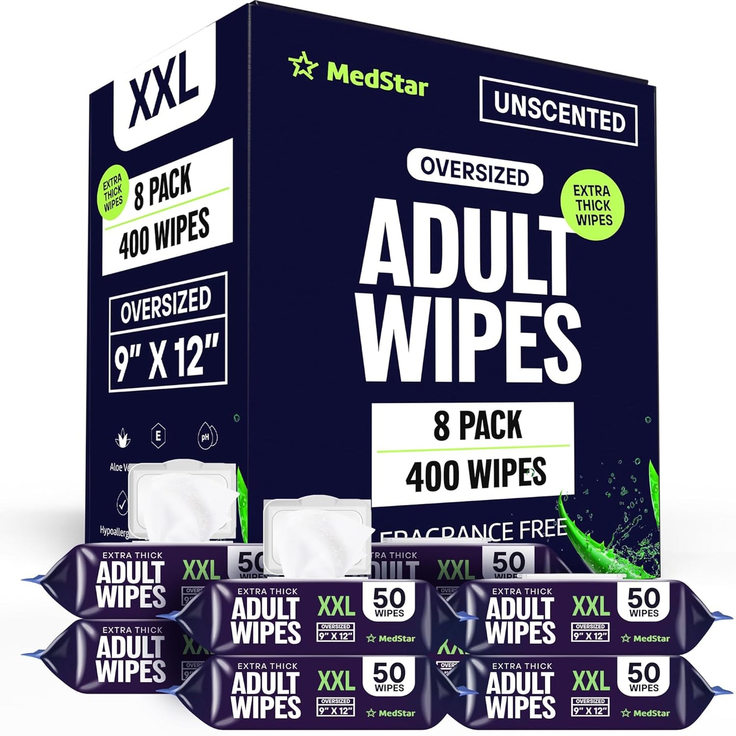 Adult Wipes for Elderly 8 Pack - Hospital Grade Extra Large Extra Thick Disposable Washcloths for Adult No-Rinse Bathing & Shower Alternative - Fragrance-Free XXL