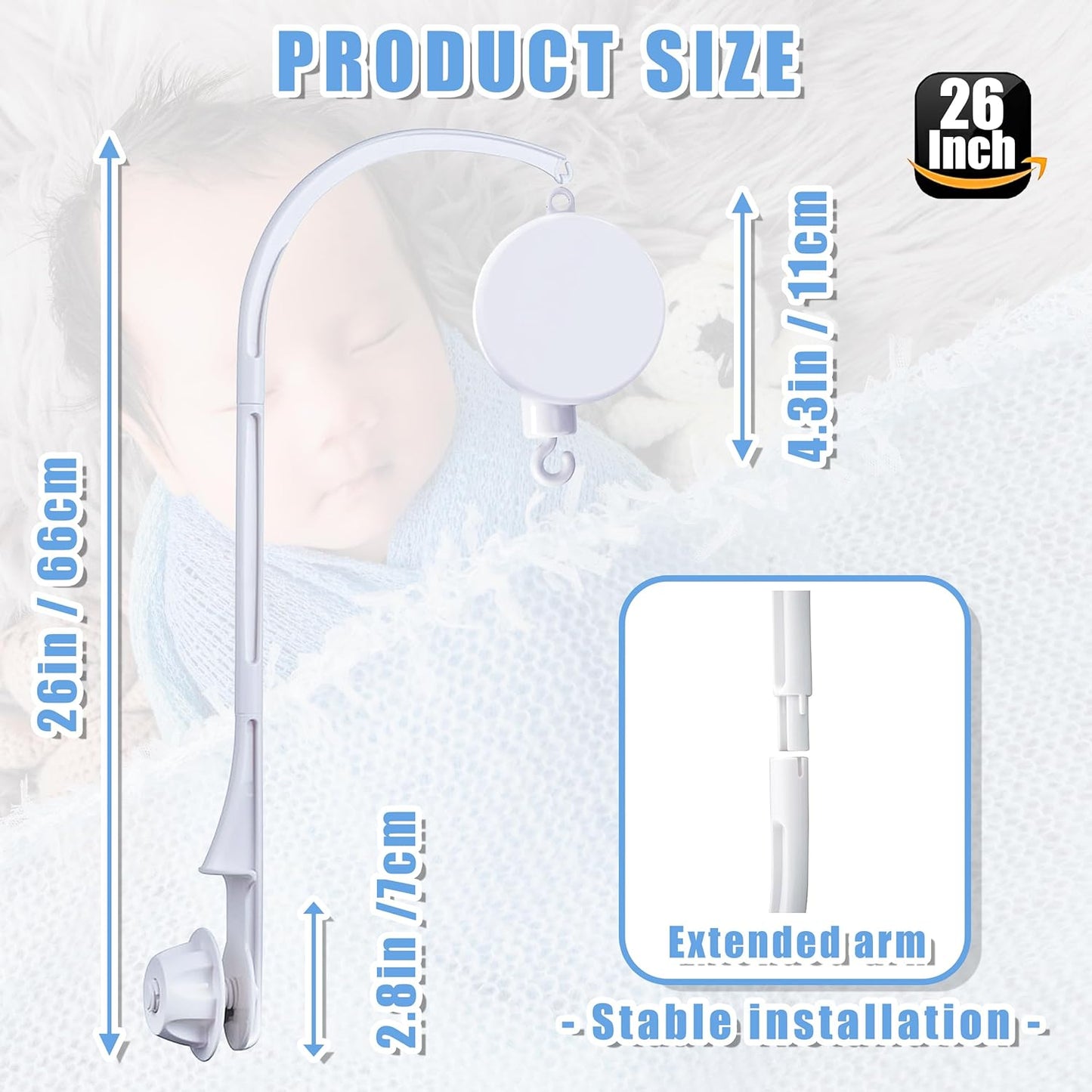 26 inch Baby Crib Mobile Bed Bell Holder Arm, Mobile Hanger, The Bracket Nut can be Adjusted Width，Baby Mobile Hanger