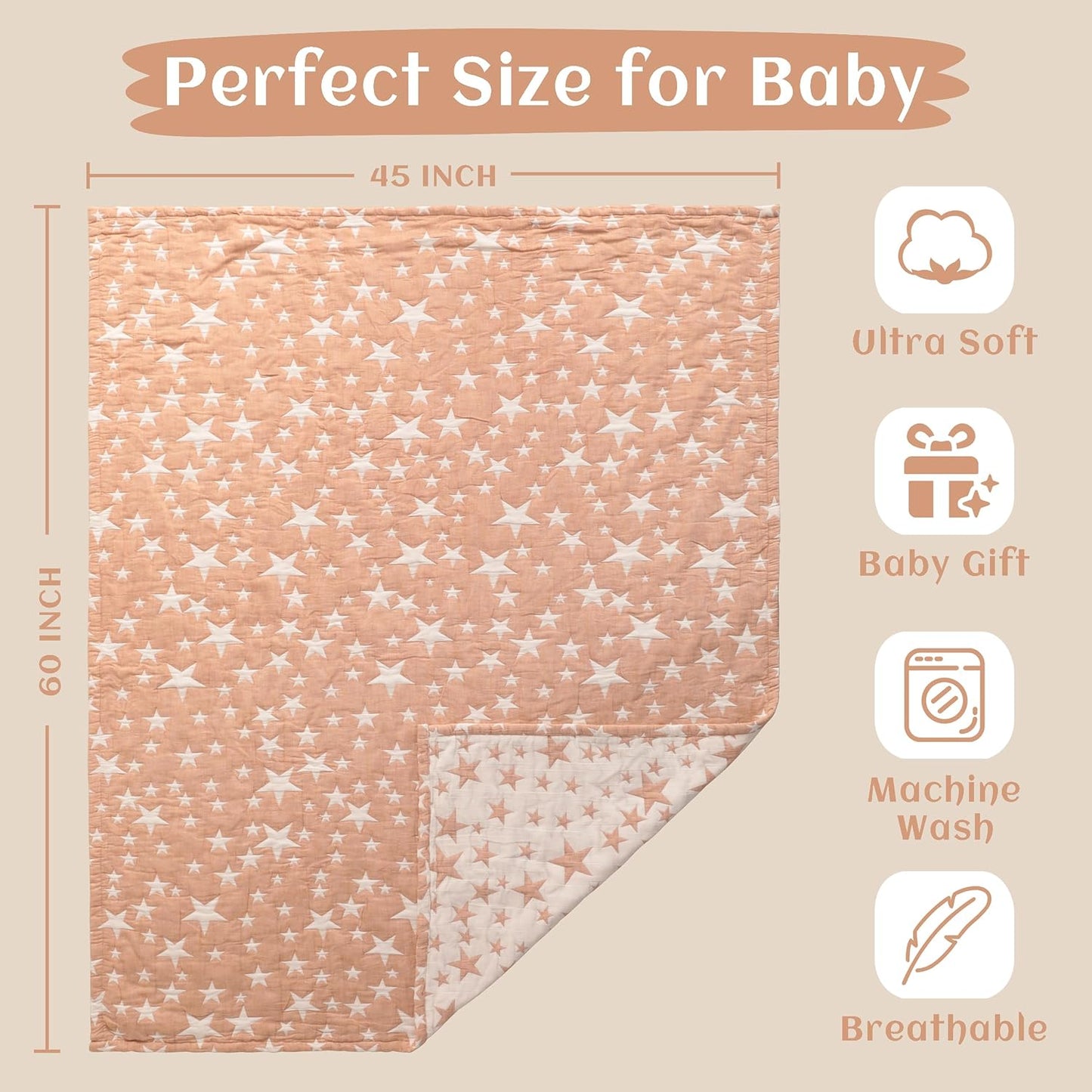 NTBAY 3 Layer Toddler Blanket, Muslin Cotton Jacquard Bed Blankets, Lightweight Thermal Baby Blanket, Super Soft and Warm Crib Blanket for All Seasons, Decoration Gift, 45"x60", Pale Orange Star