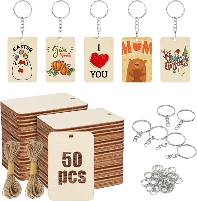 50Pcs Blank Rectangle Wooden Keychain Set, Unfinished Wood Slices