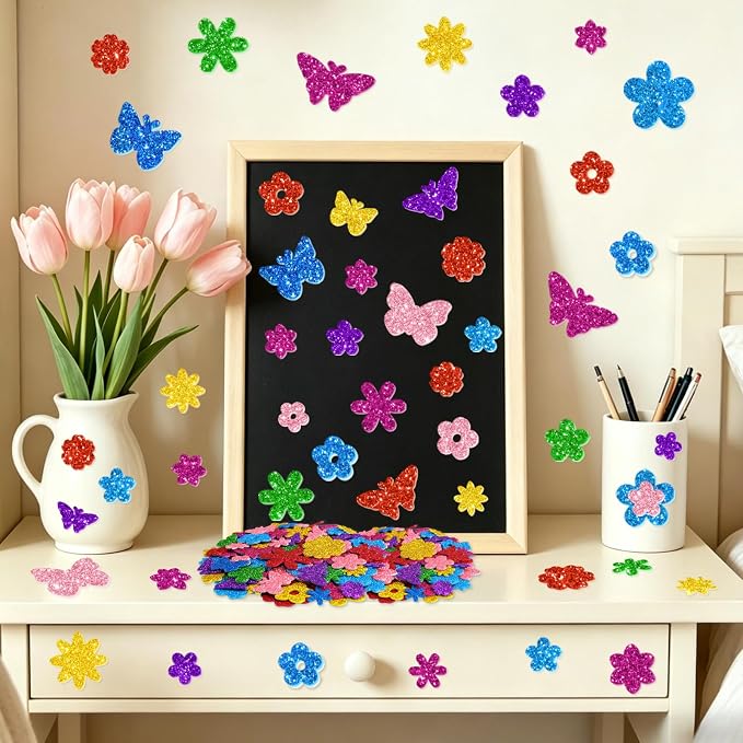 512 PCS Glitter Foam Stickers, Colorful Flower & Butterfly Shapes Foam Stickers