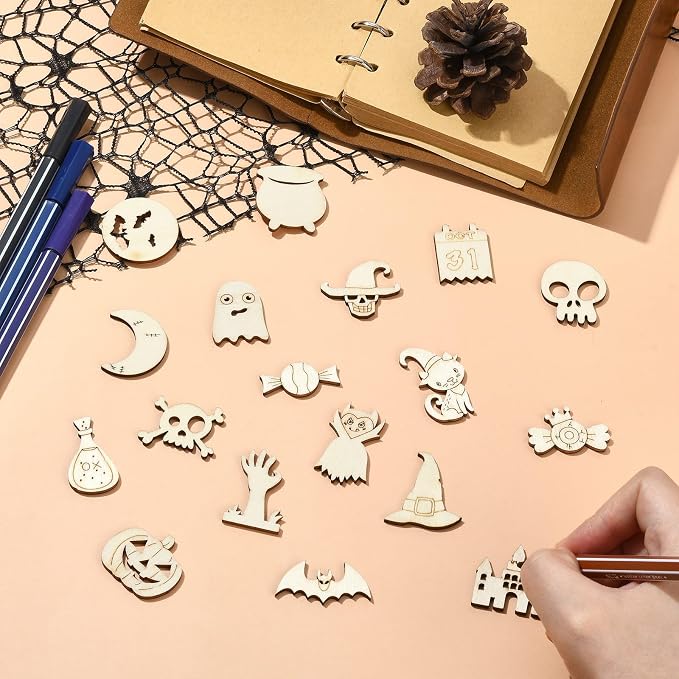 200 Pcs Unfinished Wooden Halloween Cutouts, Wooden Crafts
