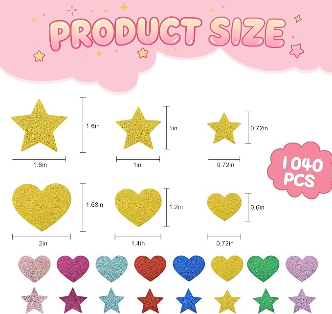 BEISHIDA 1040 PCS Glitter Foam Stickers, Heart Stars Shapes Self-Adhesive