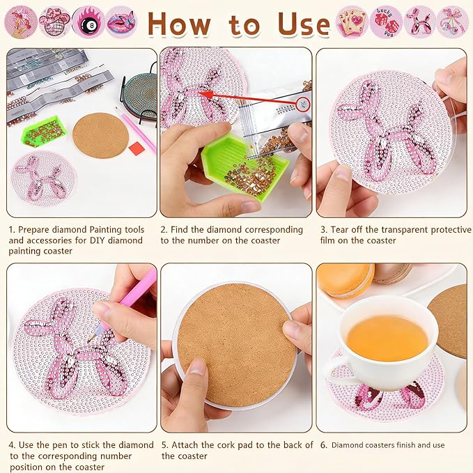 8PCS Pink Disco Diamond Art Coasters Kit