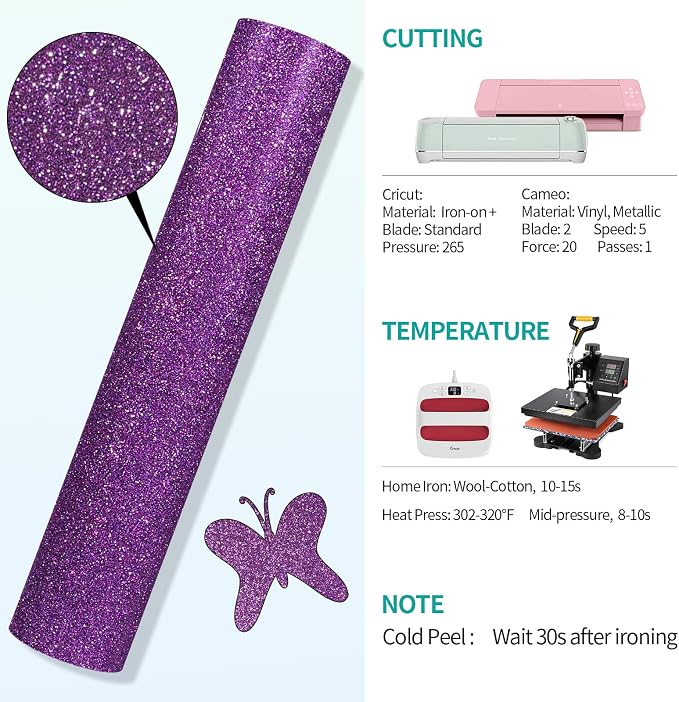 VINYL FROG Glitter HTV Vinyl Heat Transfer Vinyl Roll 12" x 5ft Purple Iron on