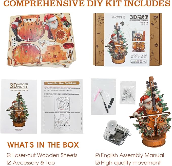 3D Wooden Puzzles for Adults, Christmas Cello Music Box, DIY Cello Model Kit