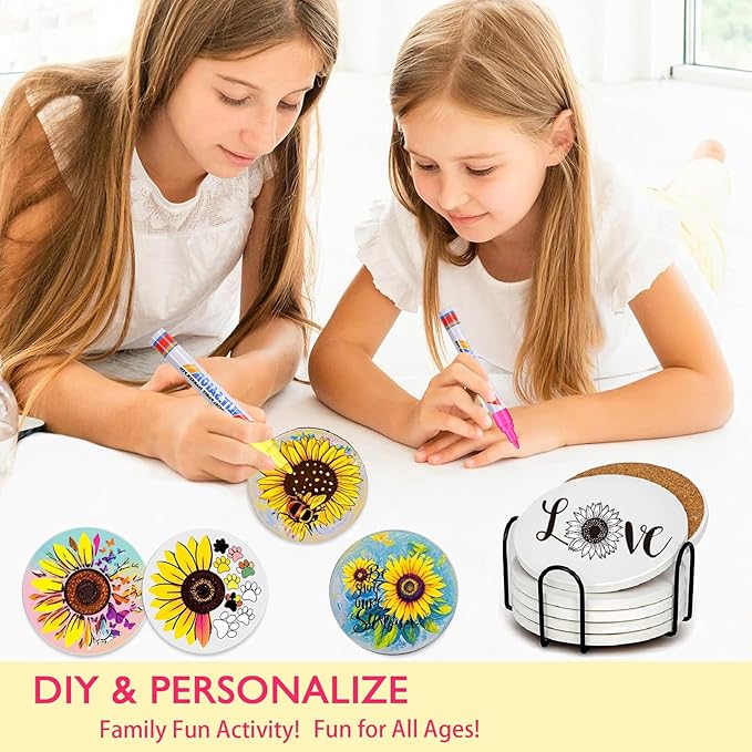 6 Absorbent Ceramic Tiles with Cork Base, Paint Your Own Sunflower Coaster |