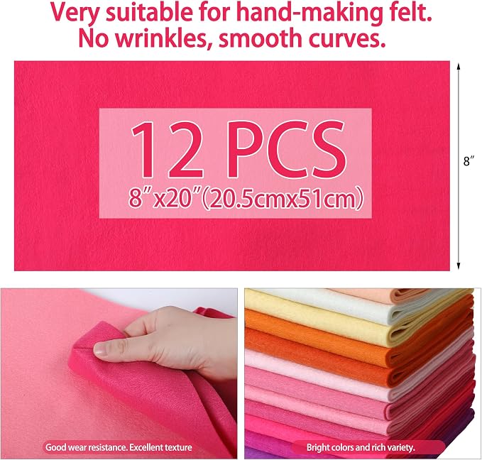 HaoFeiJH 12 Rolls 8"x20" 1.6mm Thick Soft Felt Fabric Sheets – 12 Assorted
