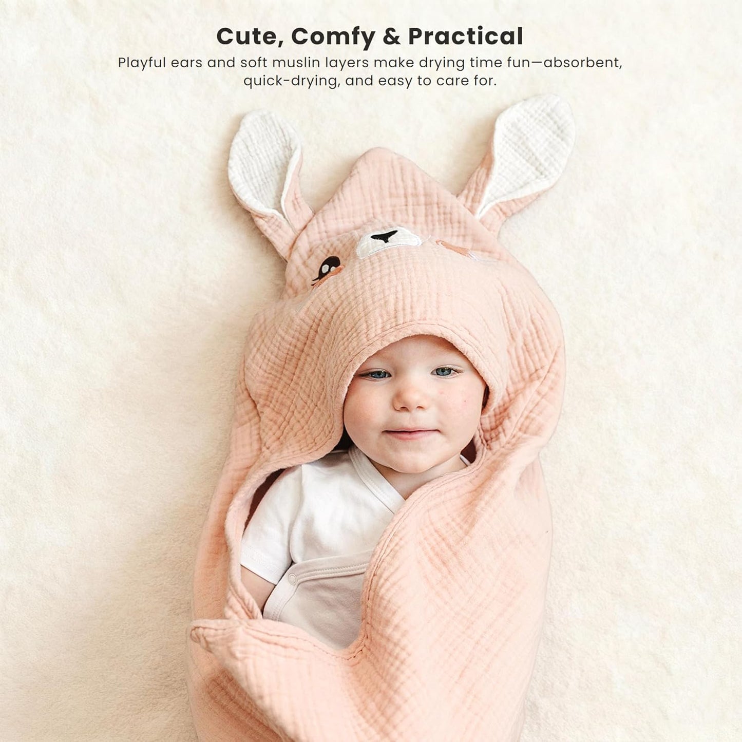 Konssy 2-Pack Muslin Baby Hooded Towels, 100% Cotton, Soft and Absorbent Baby Bath Towels for Newborn, Infant & Toddler with Animal Hooded Design(Bunny & Deer)