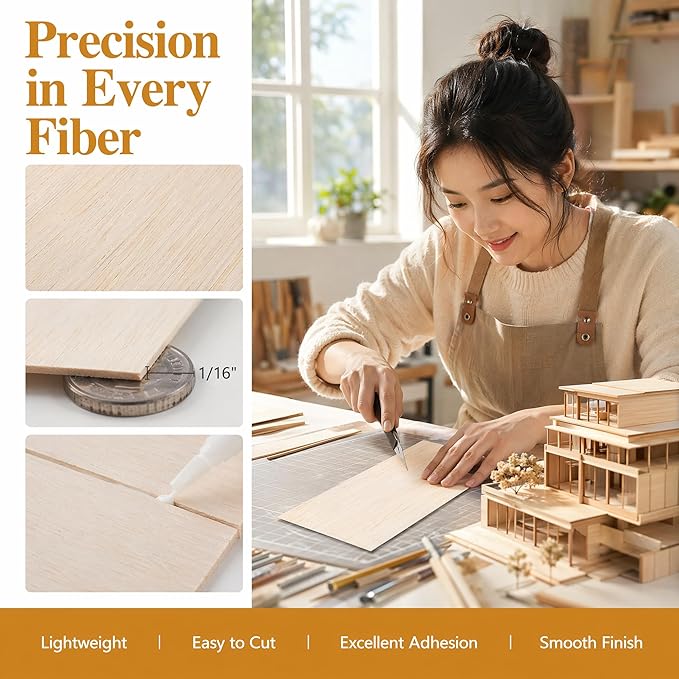Balsa Wood Sheets, 5 Pack 12 x 4 x 1/16 Inch Unfinished Thin Wood Boards