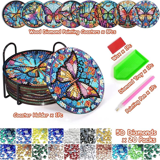 Axquilon 8 Pack Butterfly Diamond Art Coasters Kit
