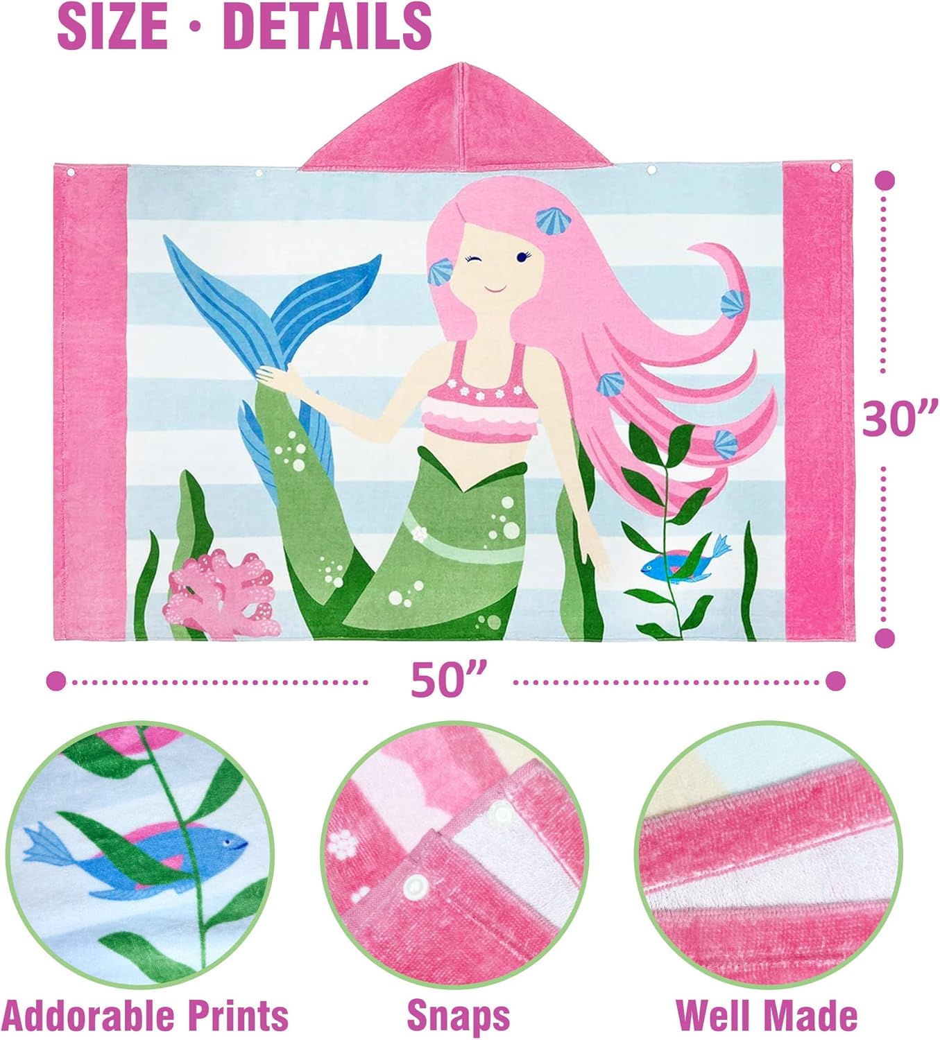 Kids Hooded Bath Towel-Soft Thick 100% Cotton Hooded Beach Towel for Kids 3-10 Years,Absorbent Fast-Drying Cute Toddler Bath & Swim Towel,for Boys & Girls 30"x50"(Mermaid Pink)