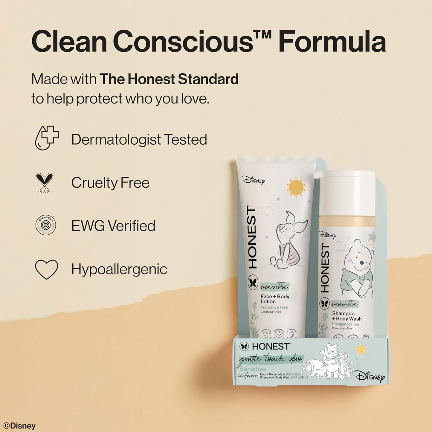 The Honest Company 2-in-1 Cleansing Shampoo + Body Wash and Face + Body Lotion Bundle + Disney Design | Gentle for Baby | Dermatologist Tested | Sensitive Fragrance Free, 18.5 fl oz