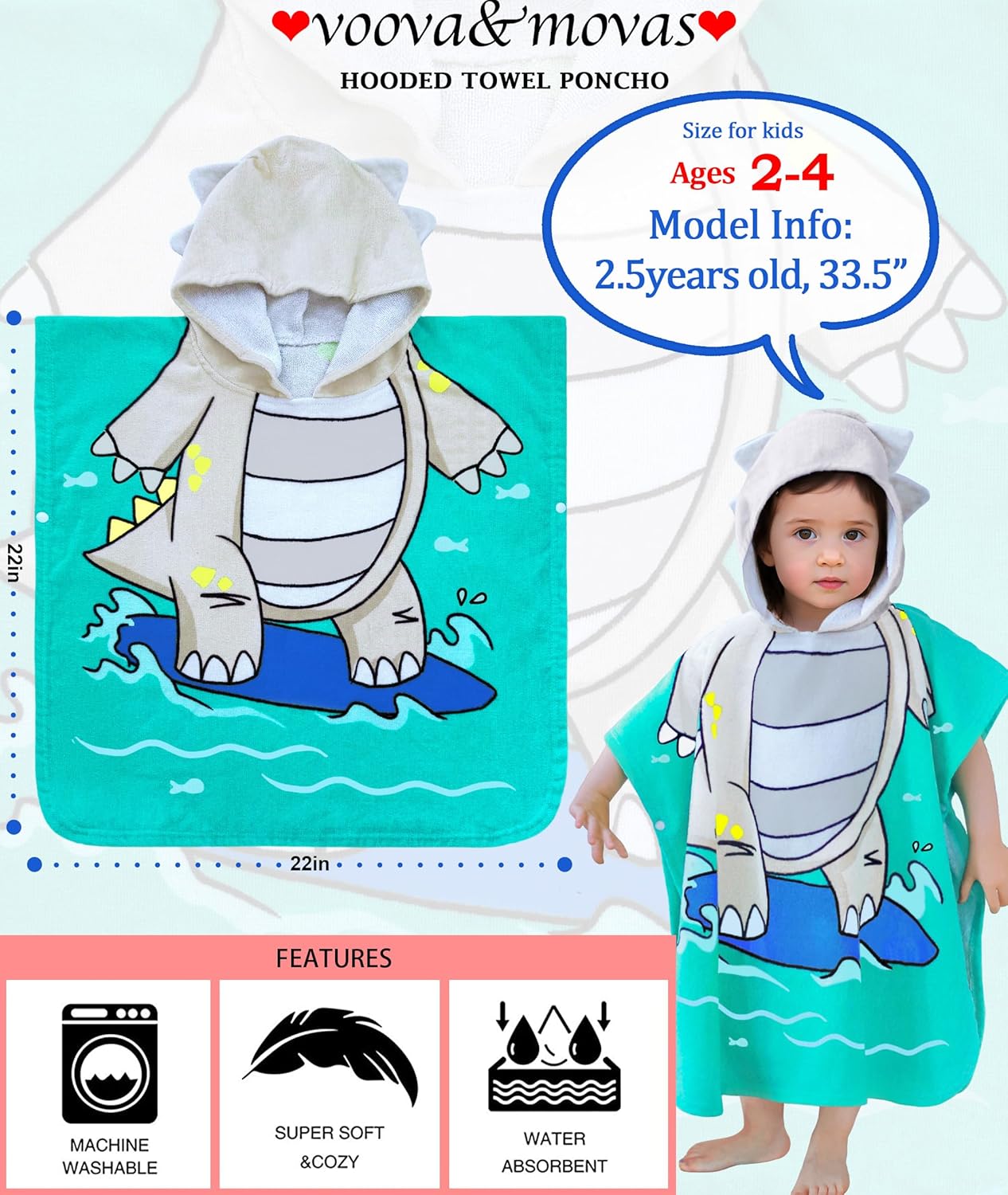 VOOVA & MOVAS Toddler Poncho Towels with Hood, Oversized (2-4Years,22"X22") Made from 100% Soft Cotton,Absorbent Bathrobe for Baby Boys,Perfect for Pool | Swimming | Bath | Beach, Dino