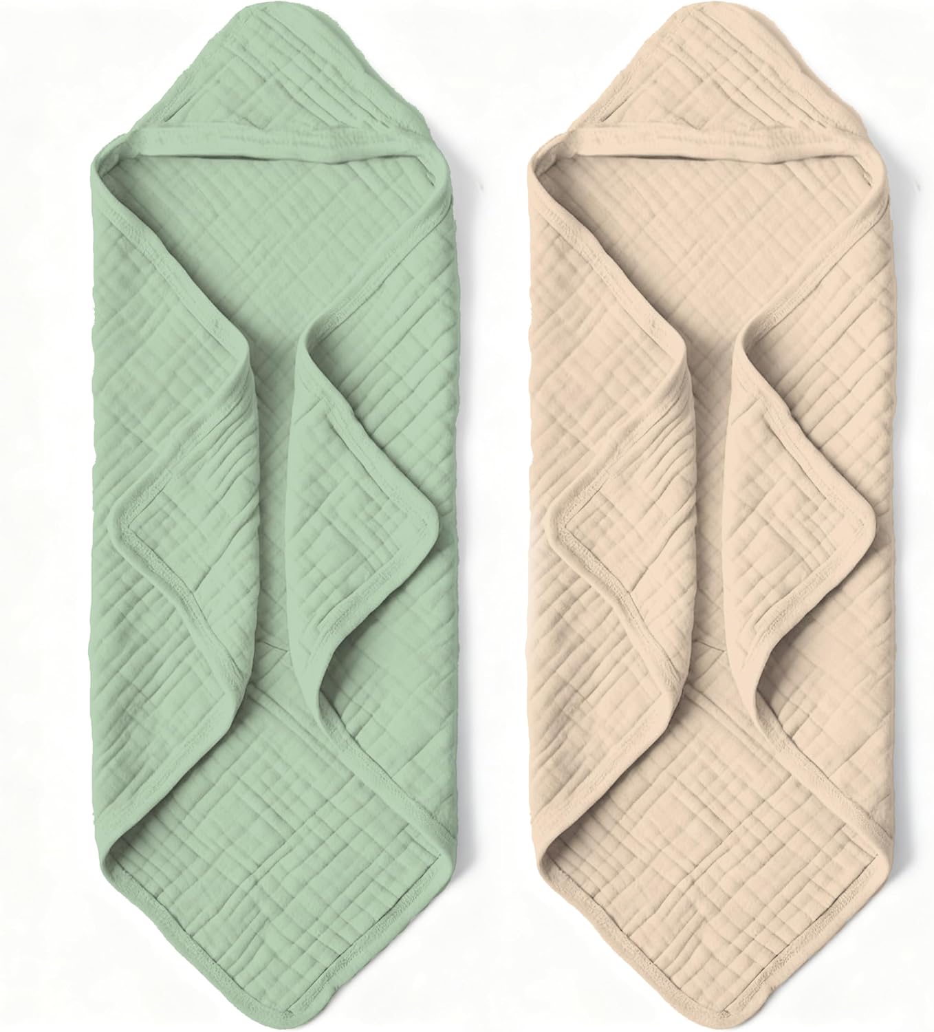Organic Muslin Hooded Baby Bath Towels - 2 Pack 100% Organic Cotton Towel for Babies, Infants, Toddlers - 32x32Inch - Highly Absorbent and Newborn Essential(Brown Green)