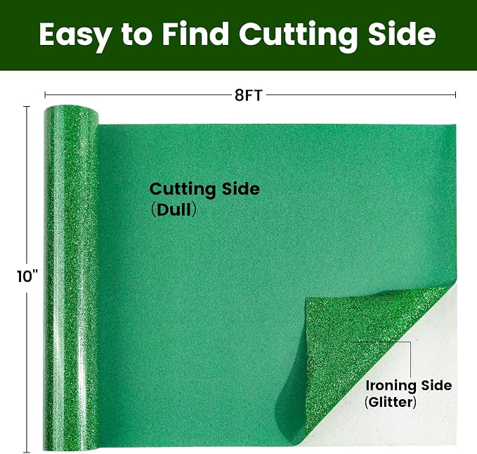 Green Glitter HTV Heat Transfer Vinyl, Glitter Iron on Vinyl Roll 10" x8ft |