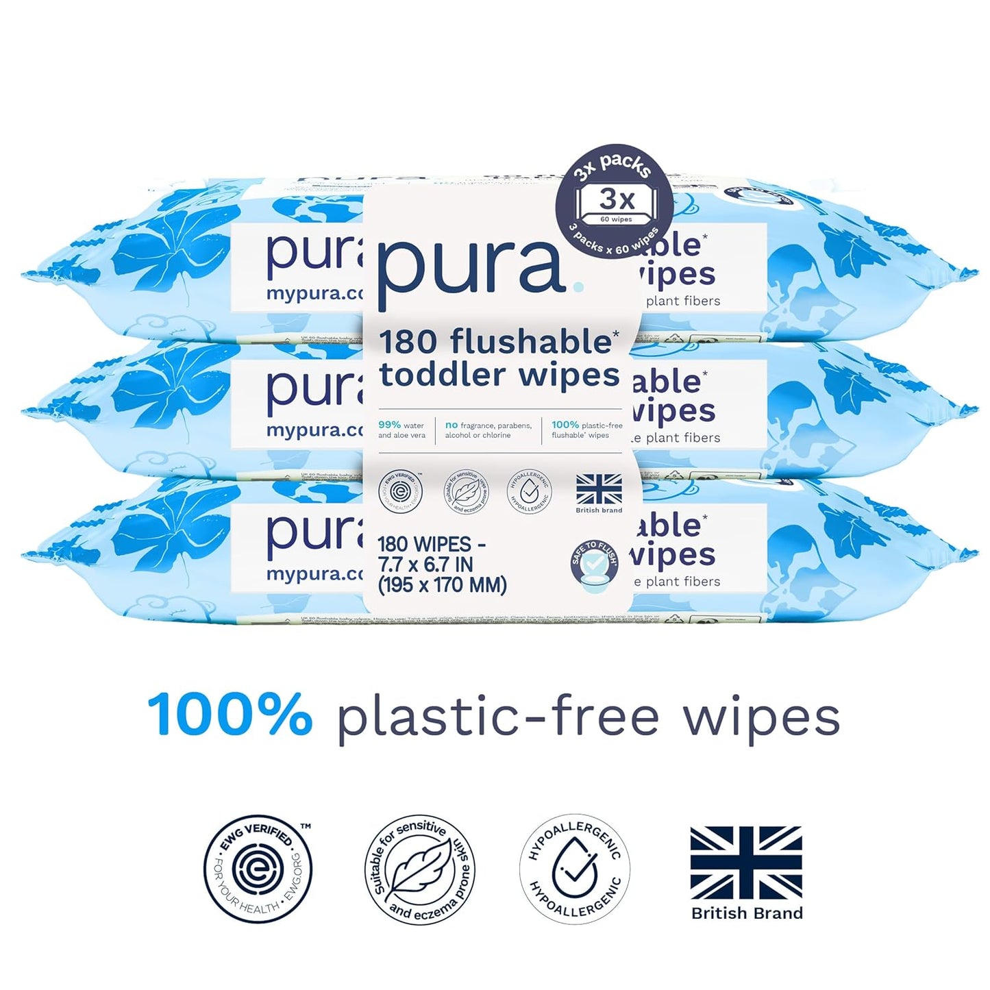 Pura Flushable Toddler Wipes 3 x 60 Wipes (180 Wipes), 100% Plastic Free, 99% Water, Hypoallergenic & Fragrance Free, Totally Chlorine Free, Kids Toilet Wipes, Potty Training