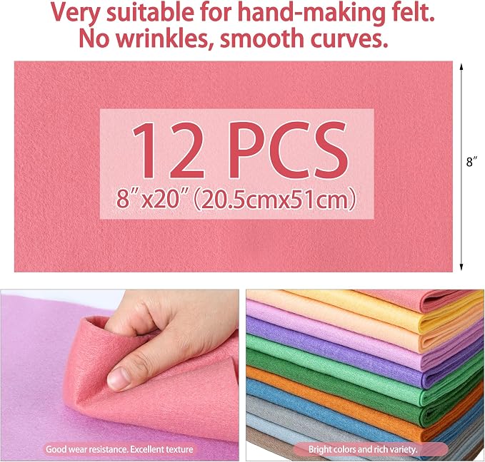 HaoFeiJH 12 Rolls 8"x20" 1.4mm Thick Soft Felt Fabric Sheets – 12 Assorted