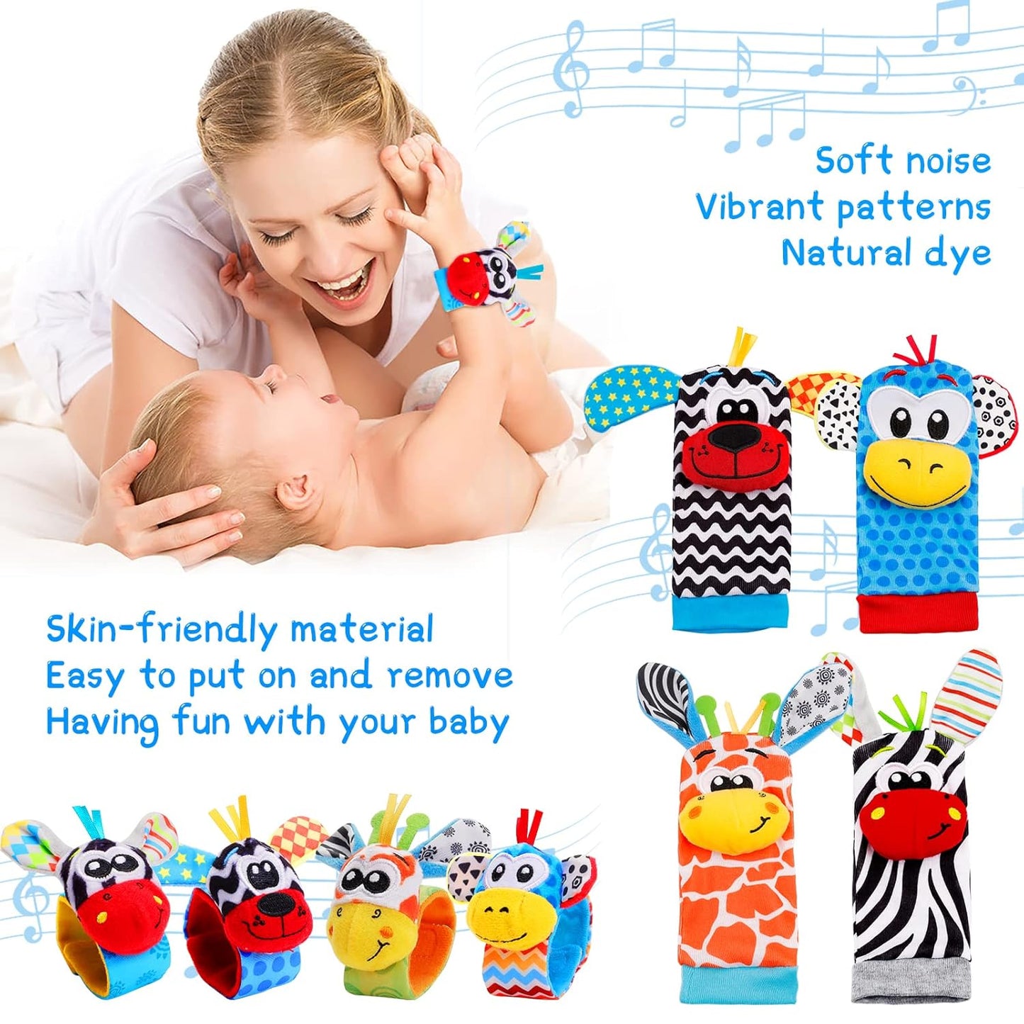 Baby Wrist Rattles and Sock Toys - Newborn 0-6 Months, 8PCS Soft Foot Finder Set, Hand and Feet Sensory Developmental Socks for Infants, Girl Boy Gifts
